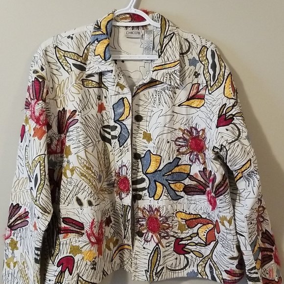 CHICO'S Floral Embroidered Colorful Button Up Denim Jacket Womens Size 2 - Picture 1 of 5